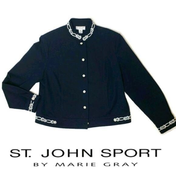 St. John Sport By Marie Gray Navy Jacket Embroidered Chain Accent Womens M - Picture 1 of 8